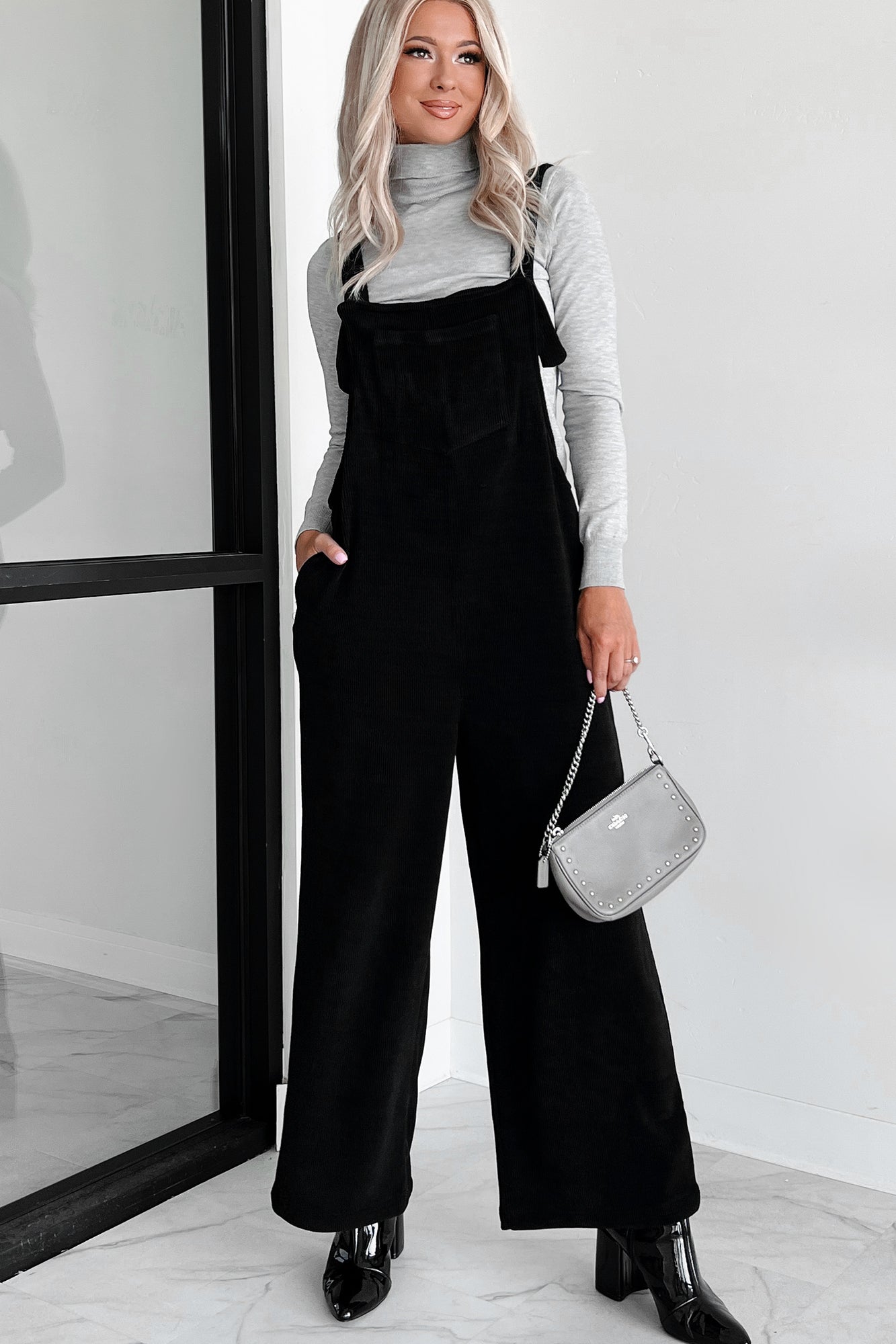Women's Playful Impression Soft Corduroy Overall Jumpsuit in Black