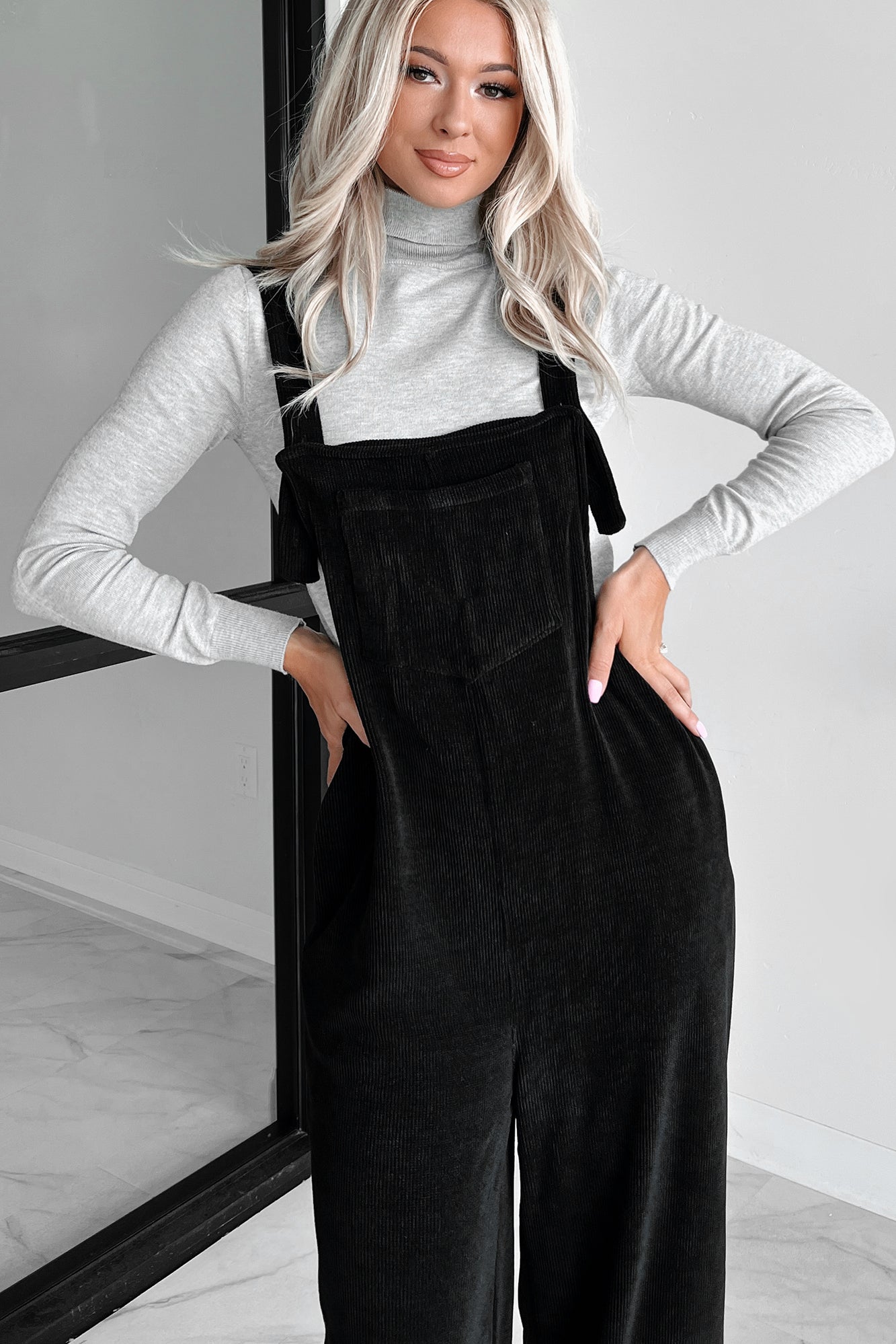 Women's Playful Impression Soft Corduroy Overall Jumpsuit in Black