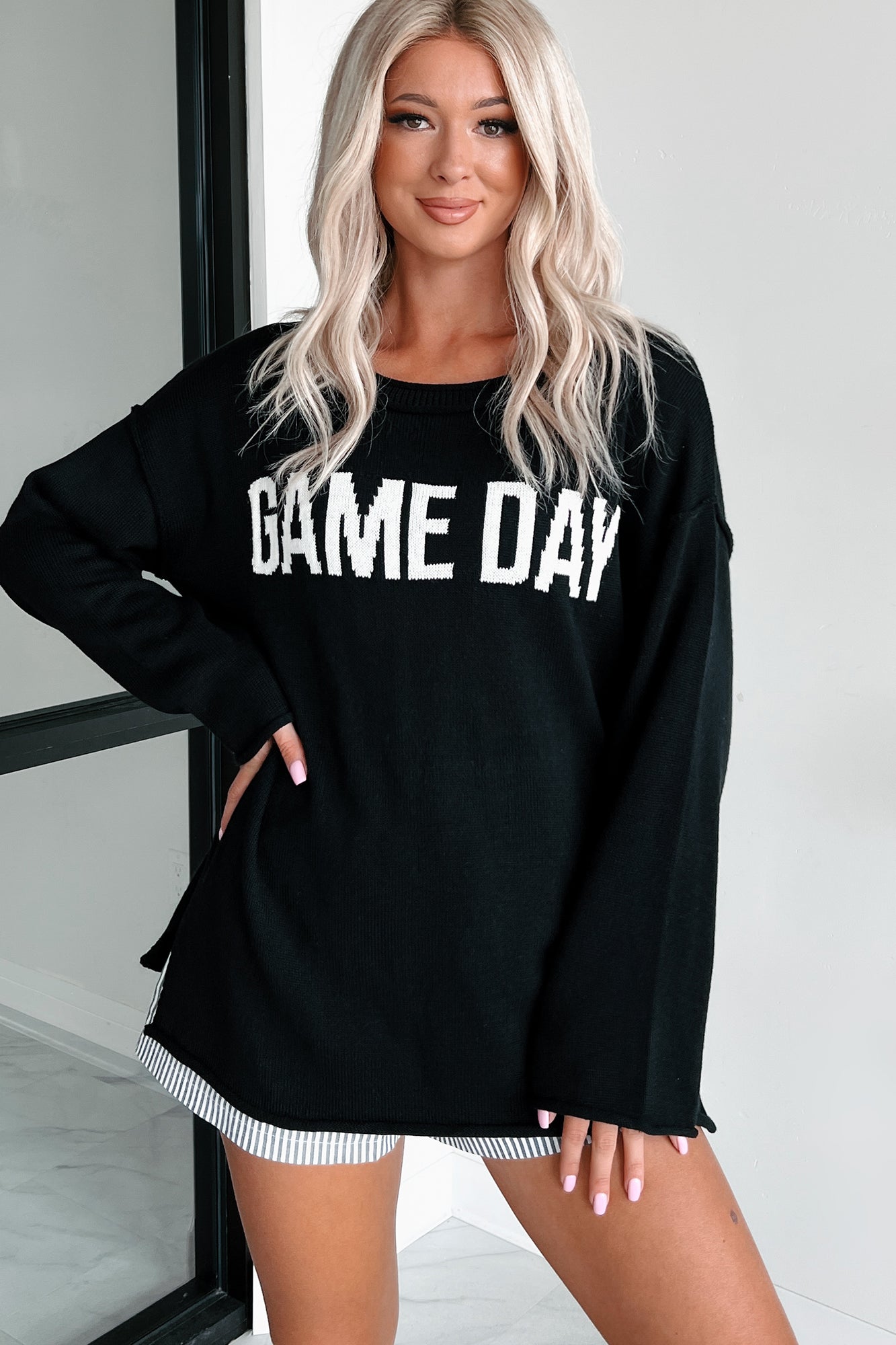 Stylish On The Sideline "Game Day" Sweater (Black/Ivory) - NanaMacs