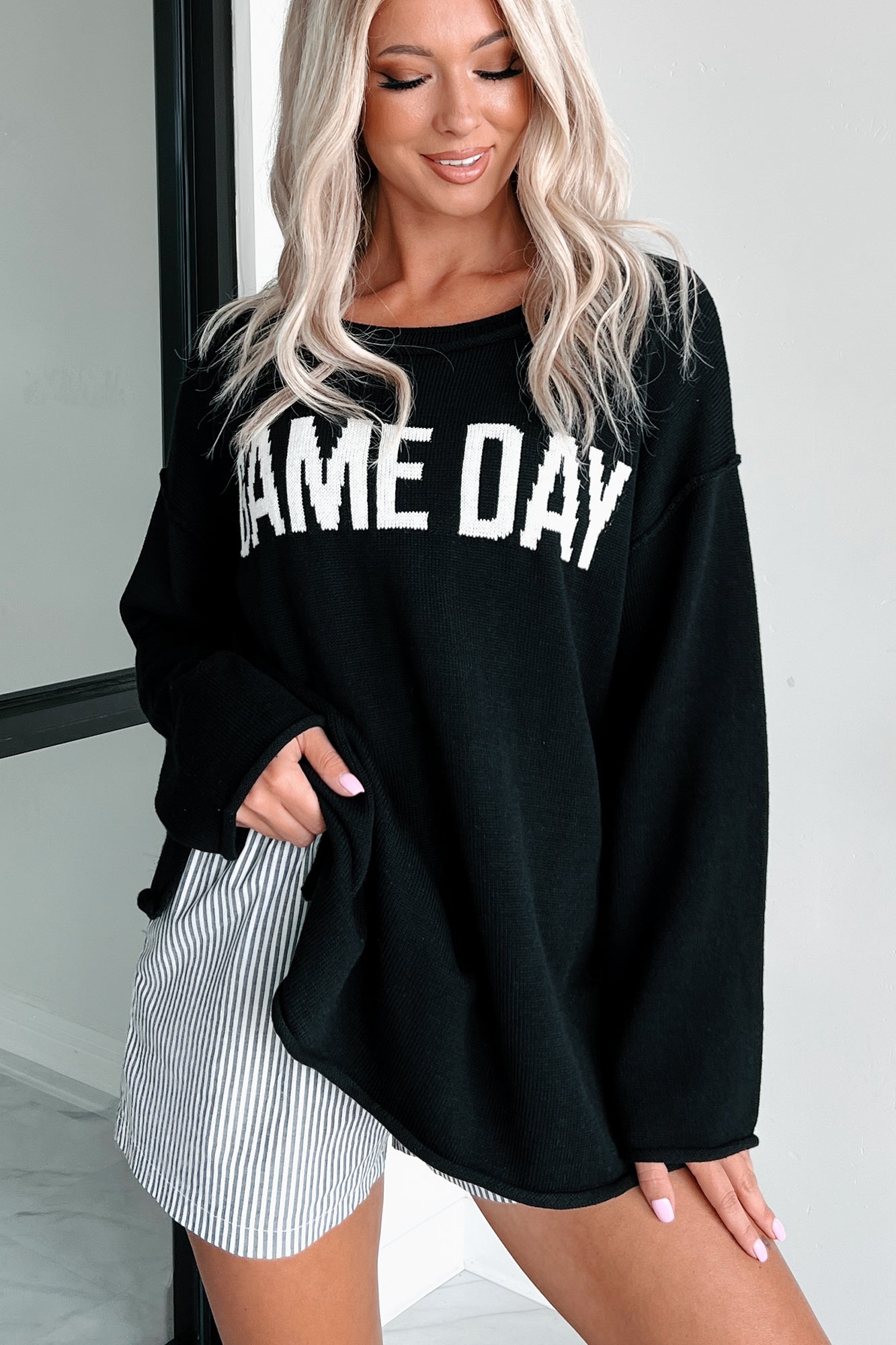 Stylish On The Sideline "Game Day" Sweater (Black/Ivory) - NanaMacs