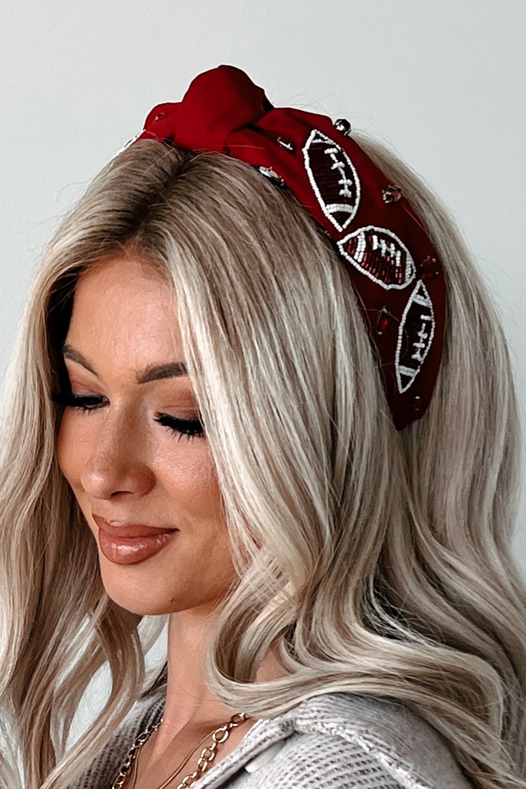 Football Fanatic Football Beaded Knot Headband (Maroon/White) - NanaMacs