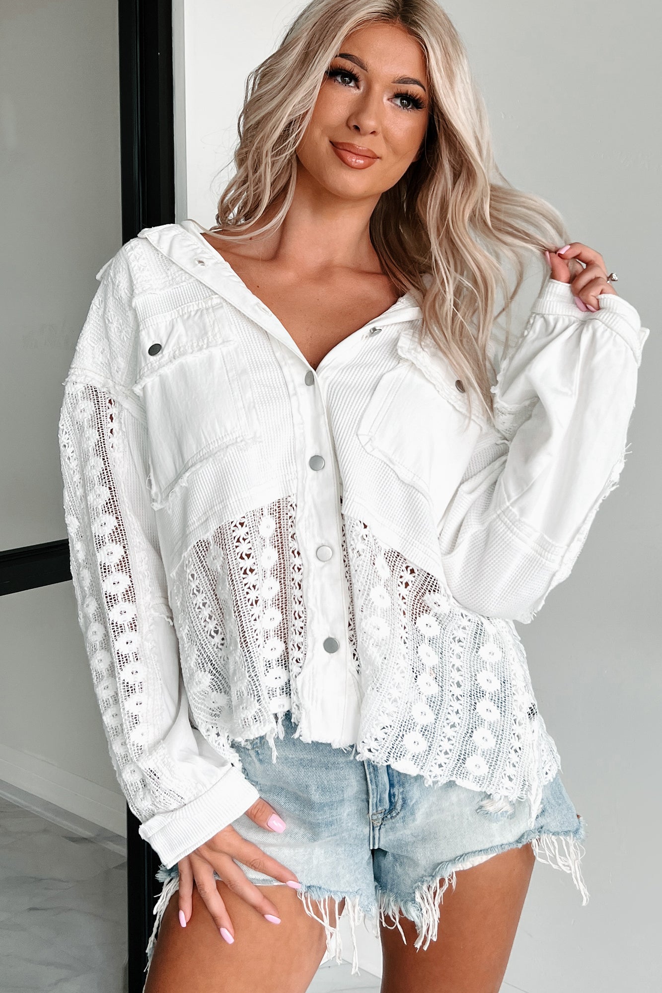 Unique & Interesting POL Lace Crochet Button-Down Shirt (White) - NanaMacs