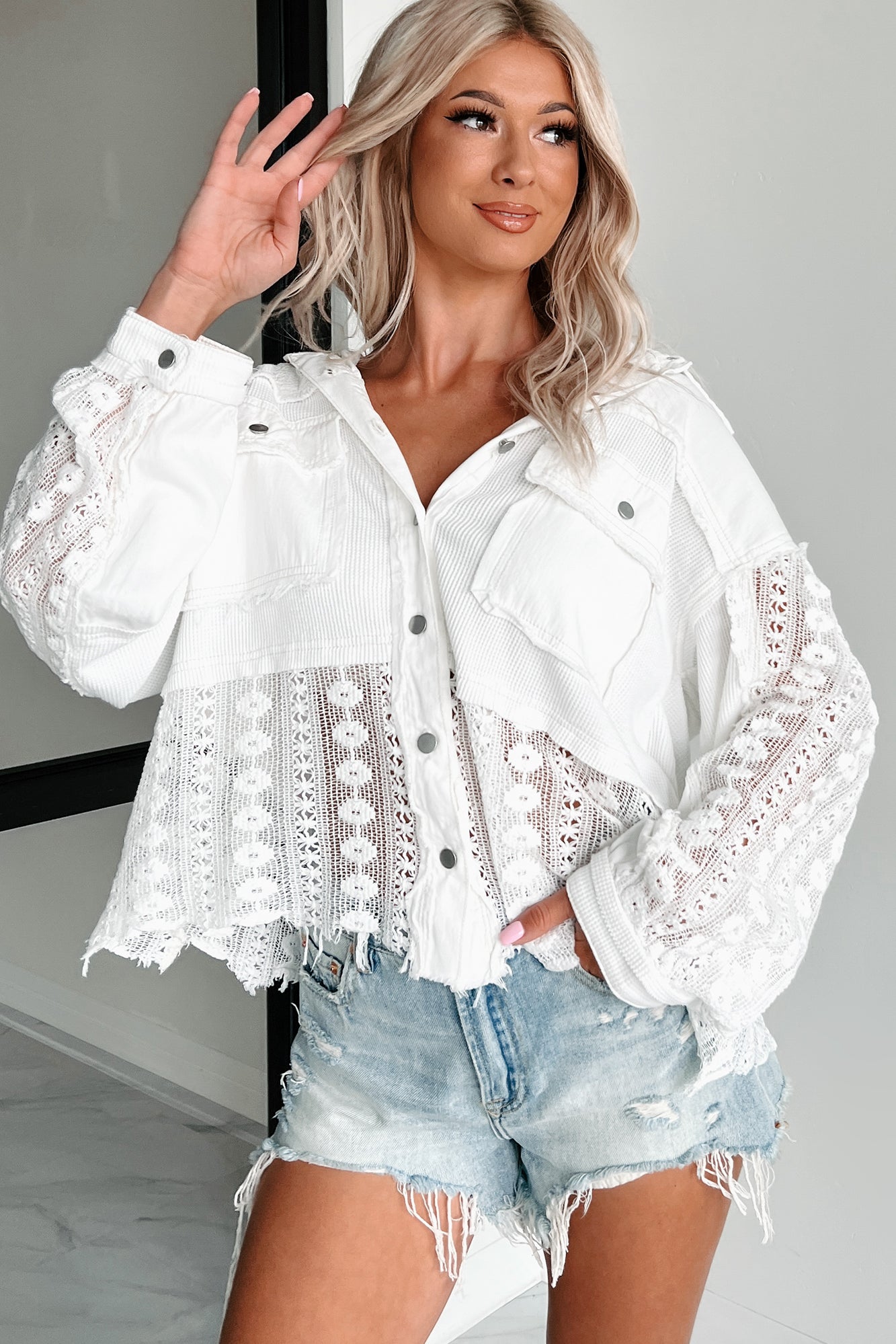 Unique & Interesting POL Lace Crochet Button-Down Shirt (White) - NanaMacs