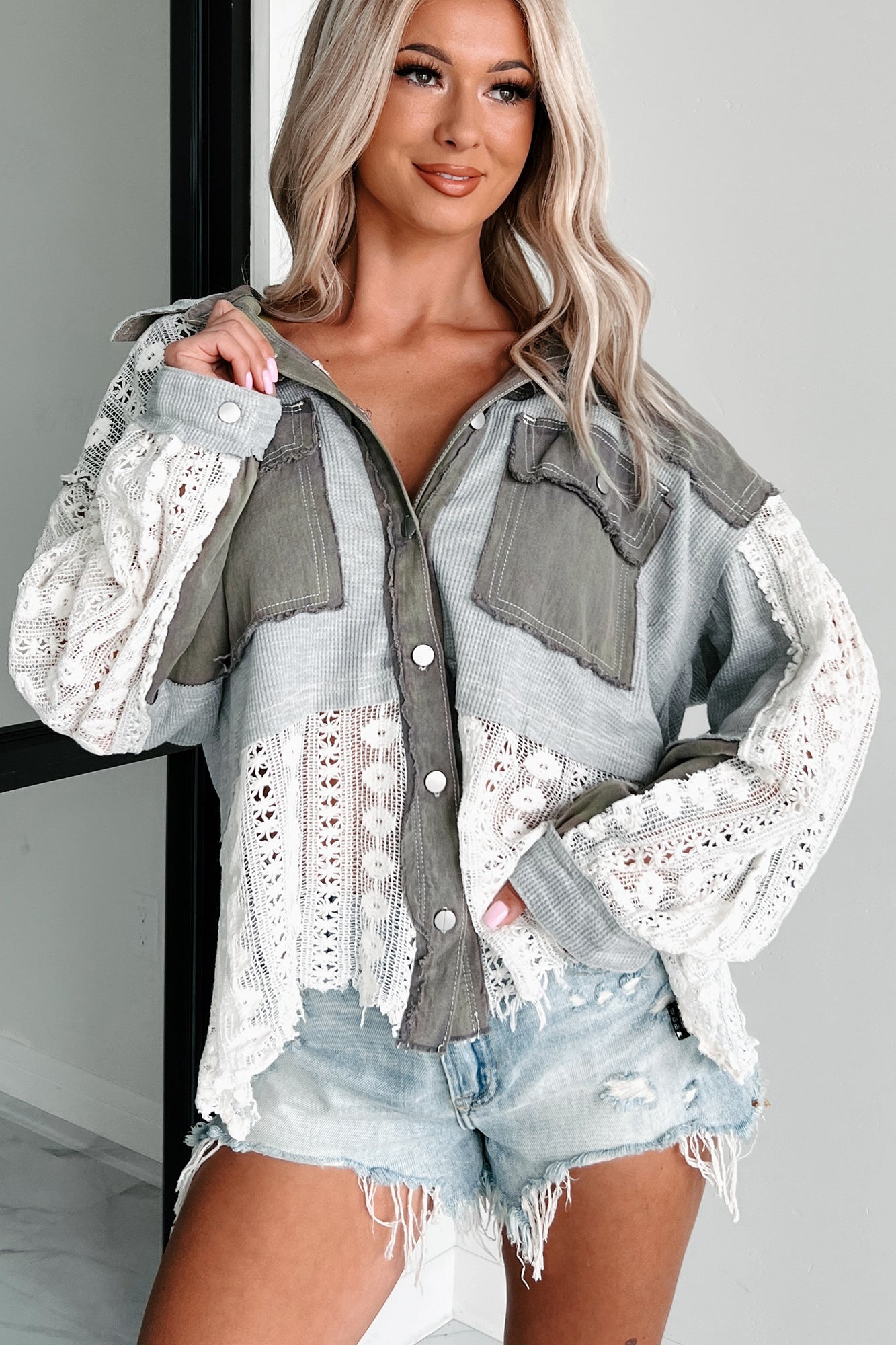 Unique & Interesting POL Lace Crochet Button-Down Shirt (Dusty Grey) - NanaMacs