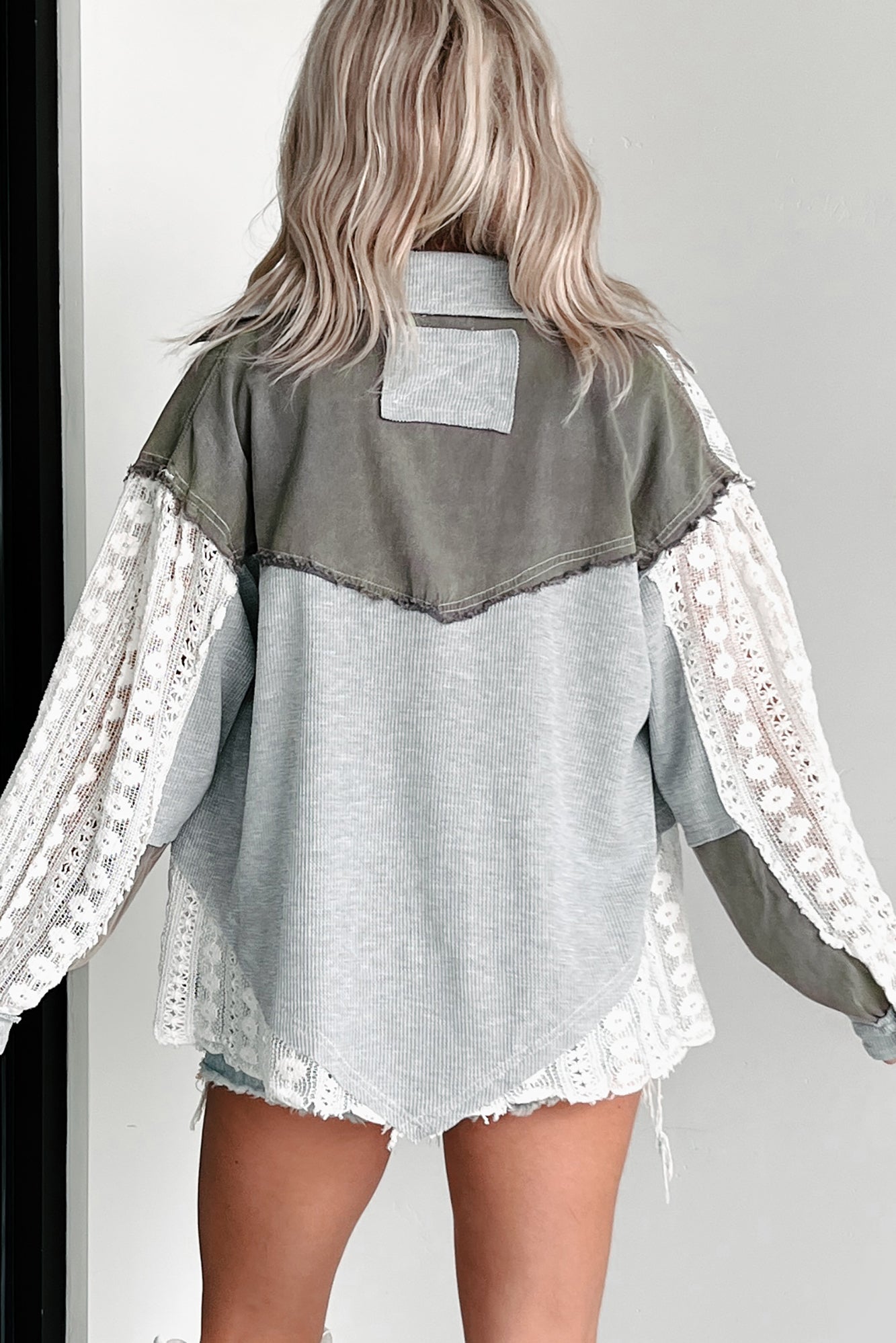 Unique & Interesting POL Lace Crochet Button-Down Shirt (Dusty Grey) - NanaMacs