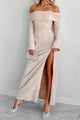 Cue The Drama Off The Shoulder Maxi Dress (Beige) - NanaMacs