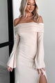 Cue The Drama Off The Shoulder Maxi Dress (Beige) - NanaMacs