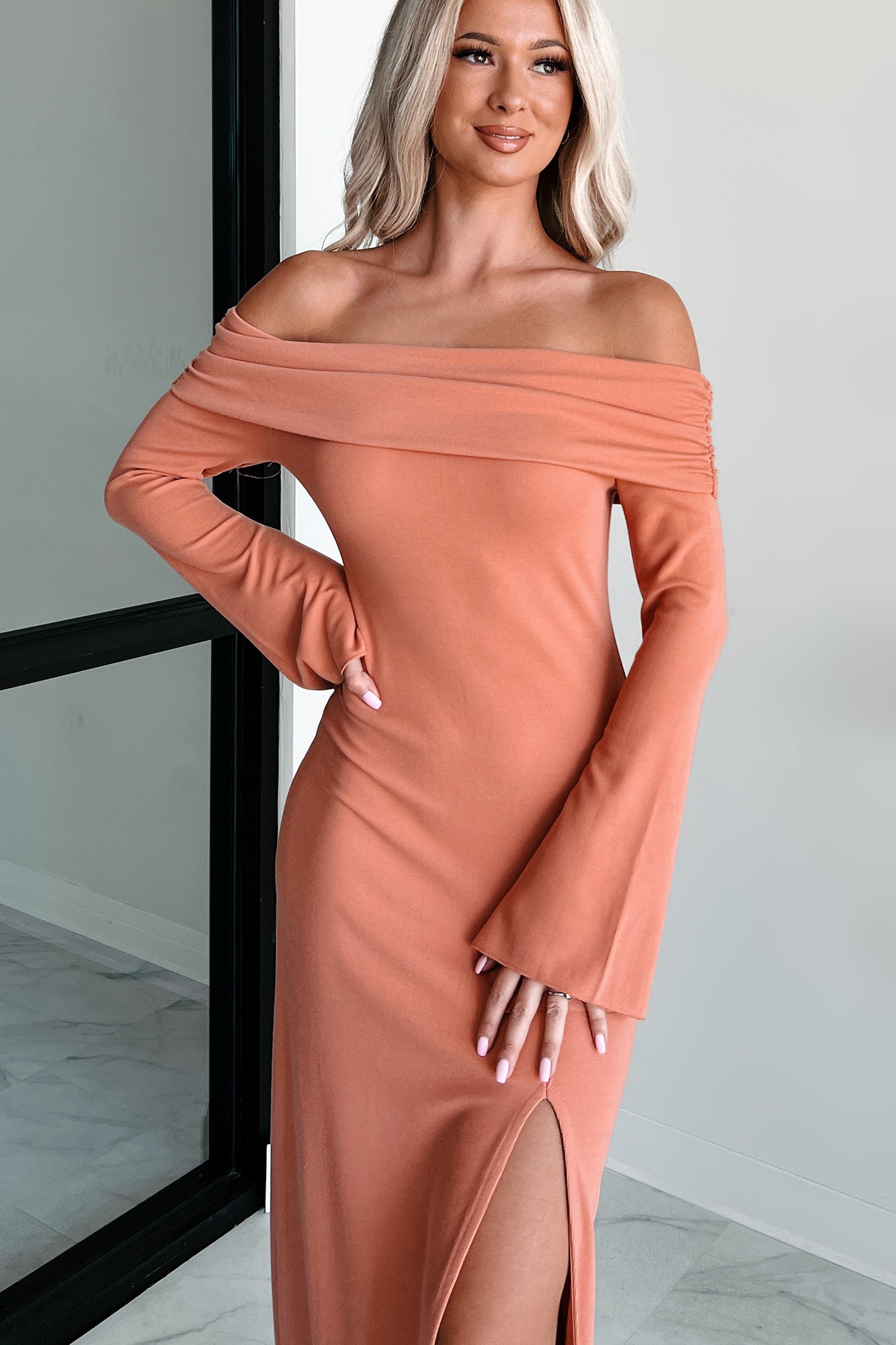 Cue The Drama Off The Shoulder Maxi Dress (Coral) - NanaMacs