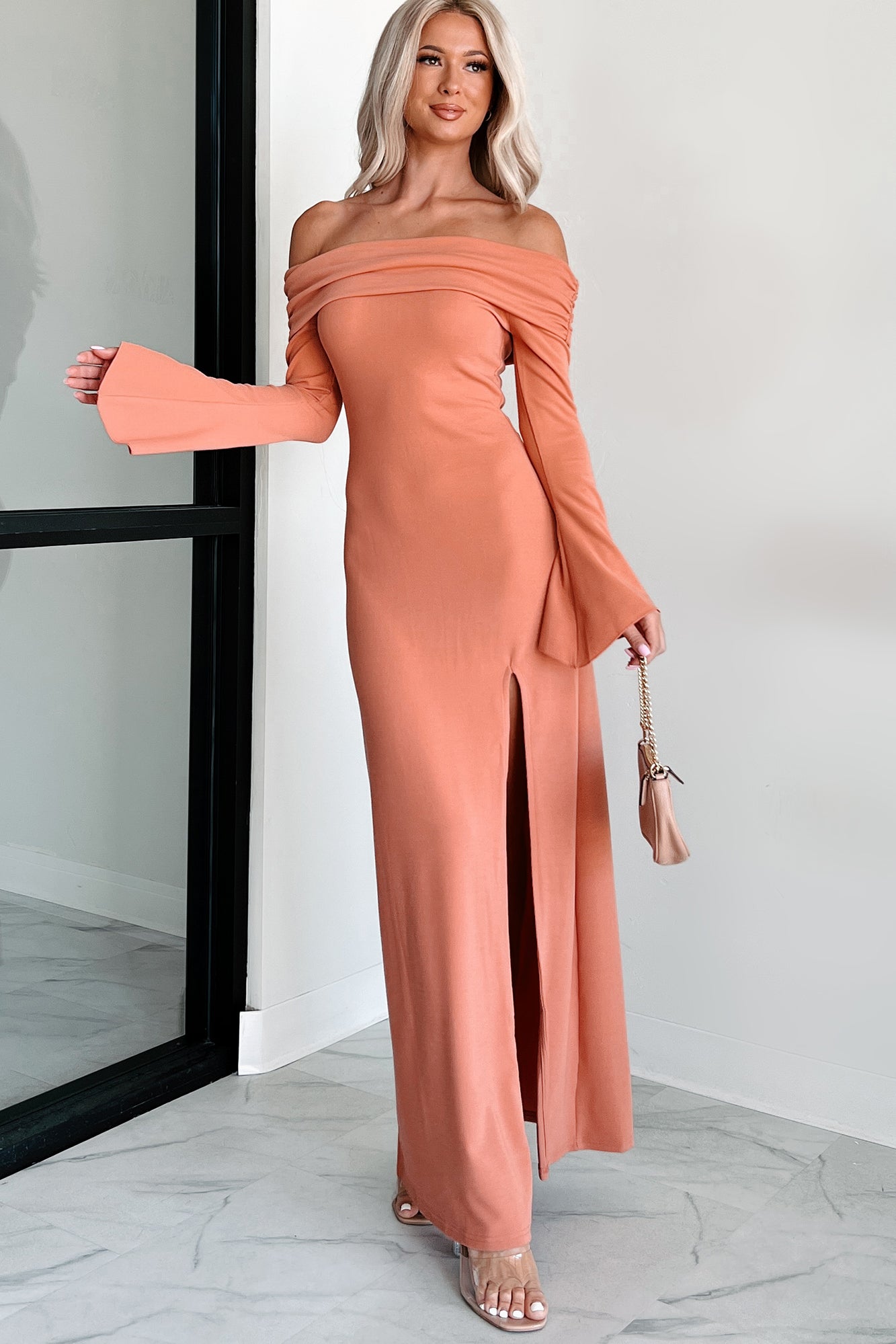 Cue The Drama Off The Shoulder Maxi Dress (Coral) - NanaMacs