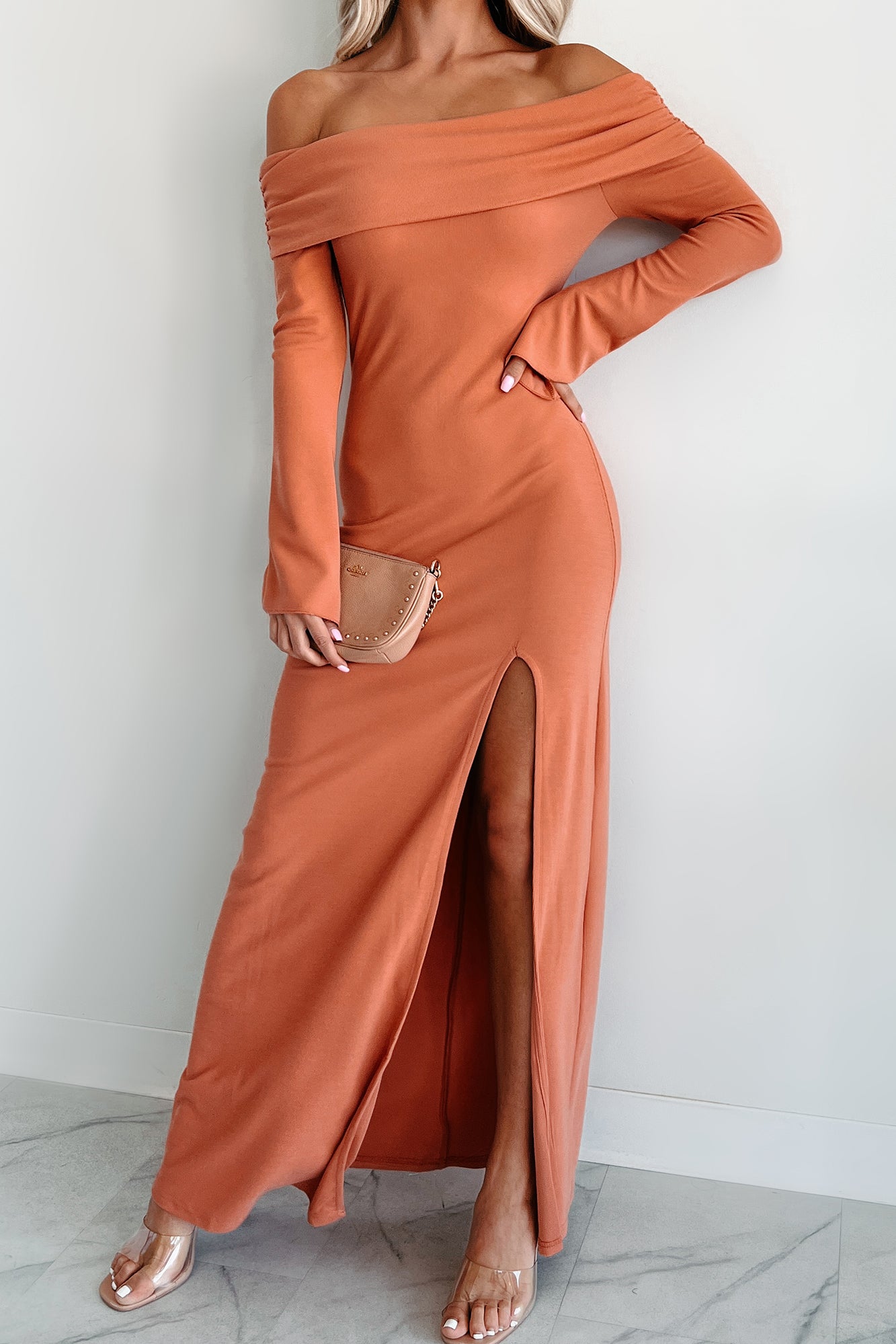 Cue The Drama Off The Shoulder Maxi Dress (Coral) - NanaMacs