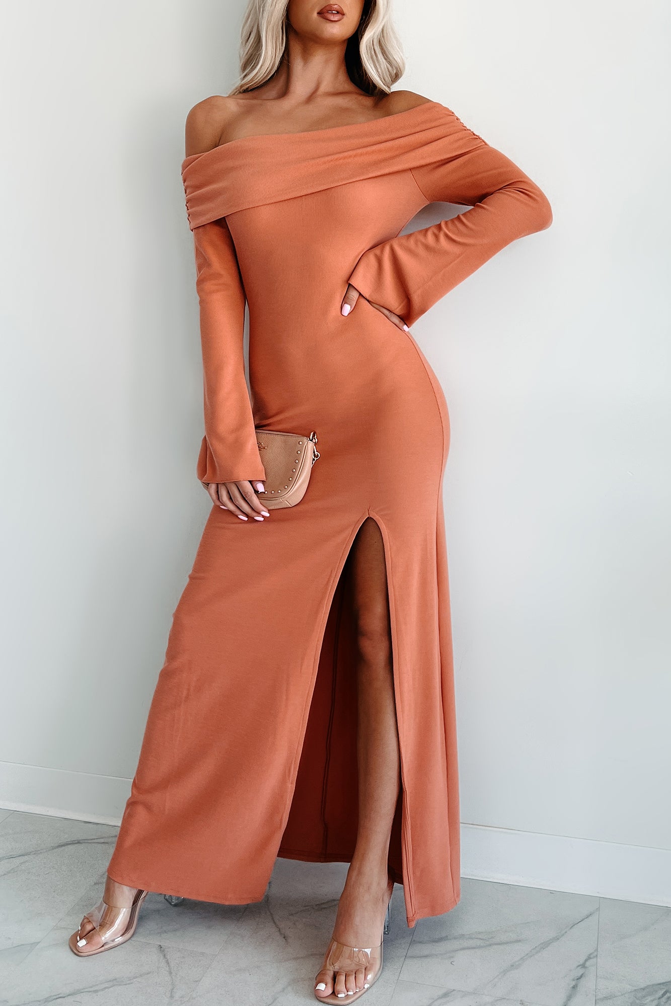 Cue The Drama Off The Shoulder Maxi Dress (Coral) - NanaMacs