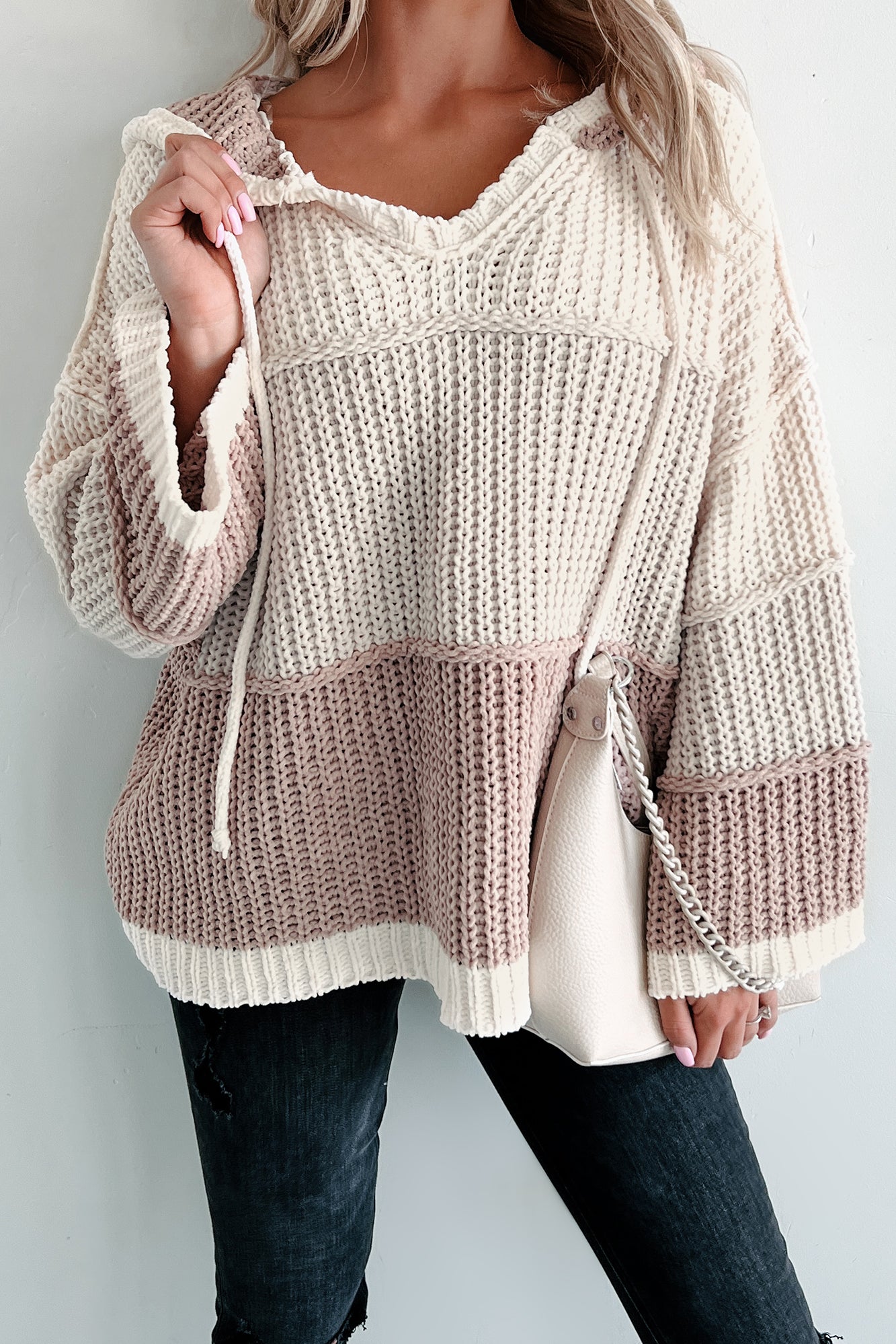 What Goes Around Colorblock Hooded Chenille POL Sweater (Cream Beige Multi) - NanaMacs