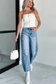 In Too Deep Zip-Front Denim Tube Top (Cream) - NanaMacs