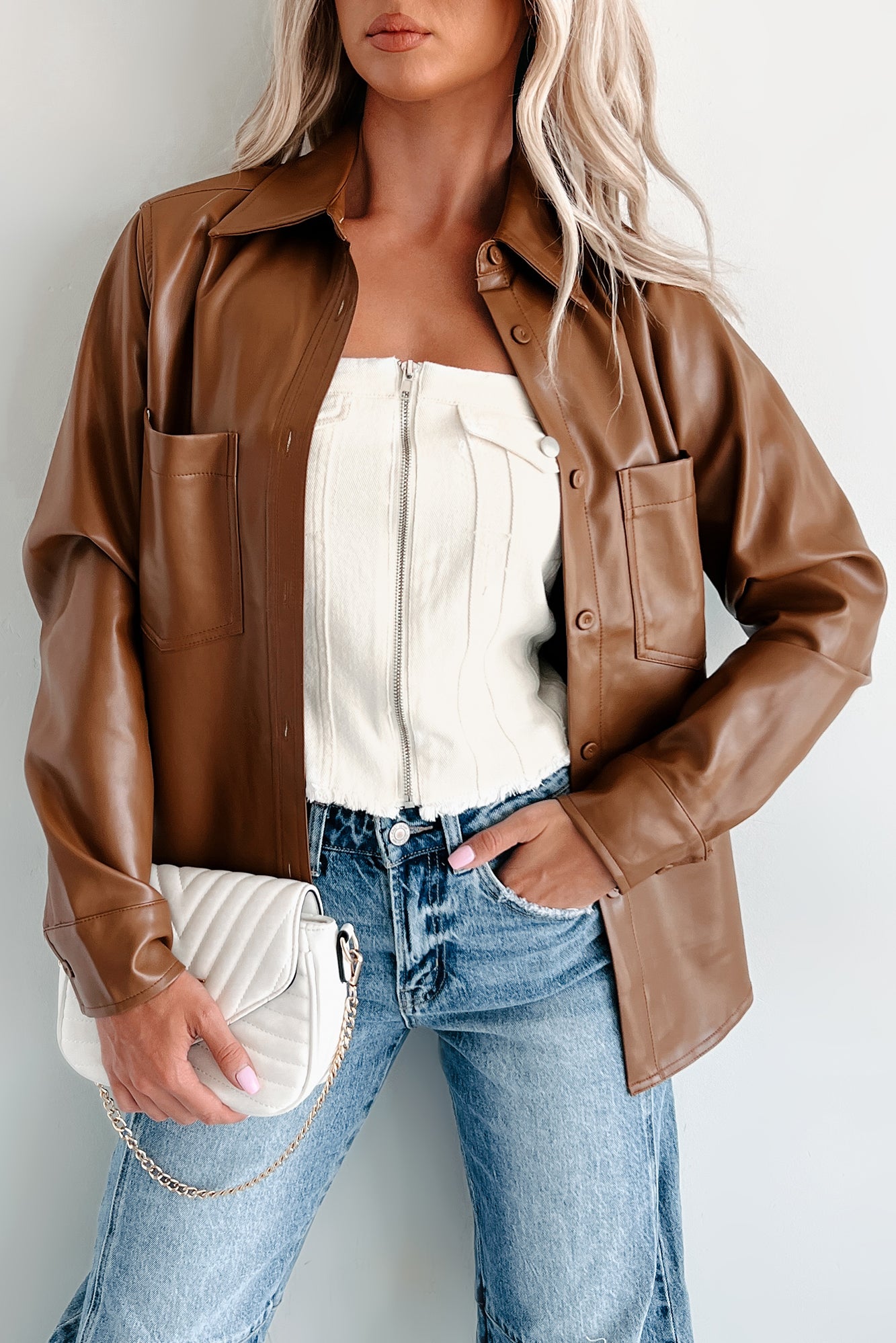 Conducting My Business Faux Leather Shacket (Brown) - NanaMacs