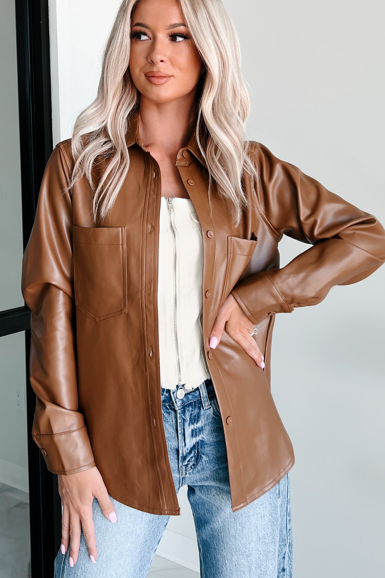 Conducting My Business Faux Leather Shacket (Brown) - NanaMacs