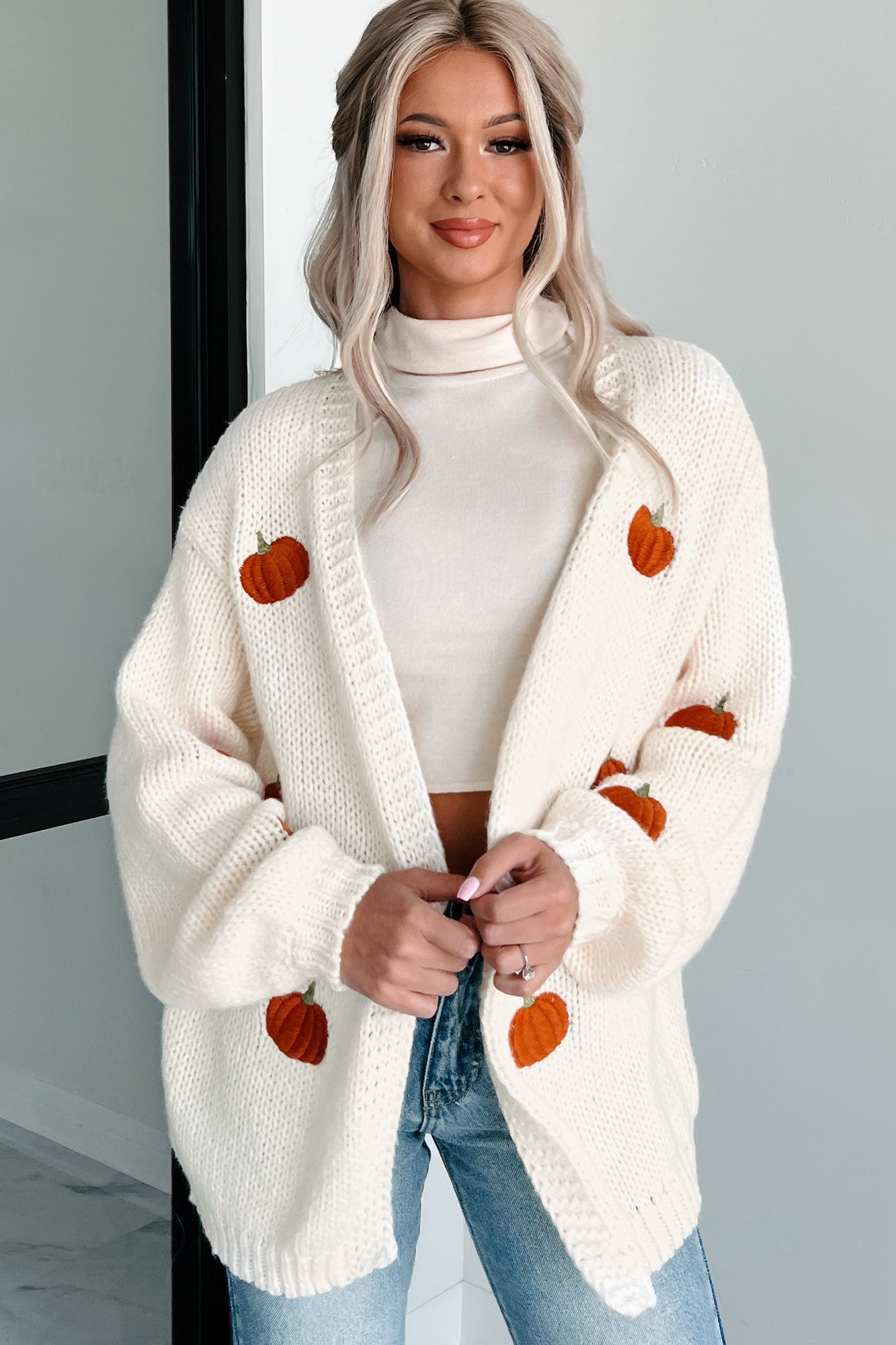 First Signs Of Fall Pumpkin Embroidered Cardigan (Ivory) · NanaMacs