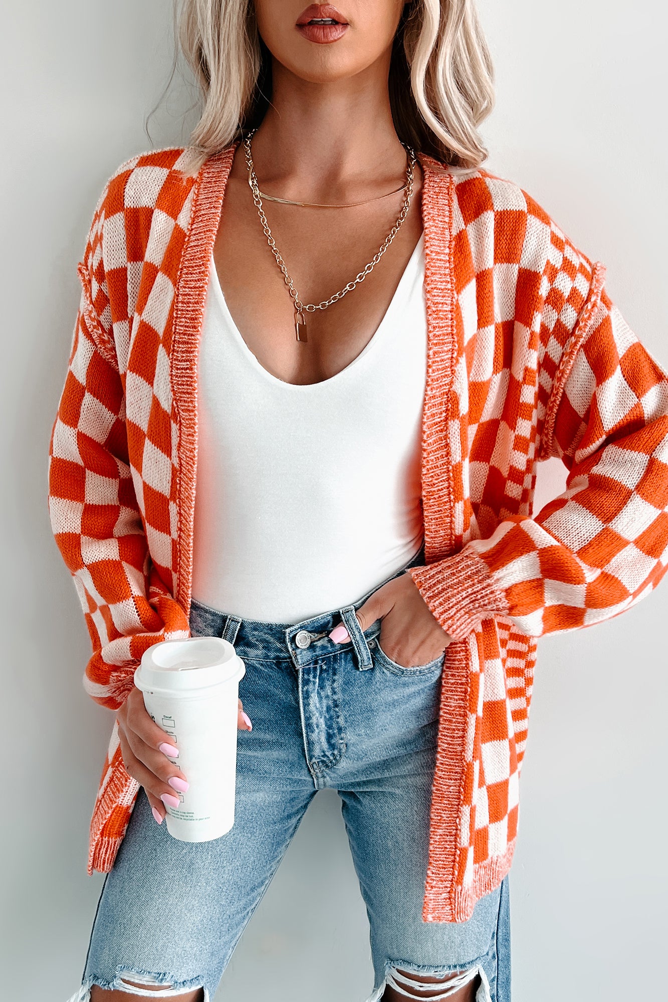 Magnetic Aura Checkered Cardigan (Orange) - NanaMacs