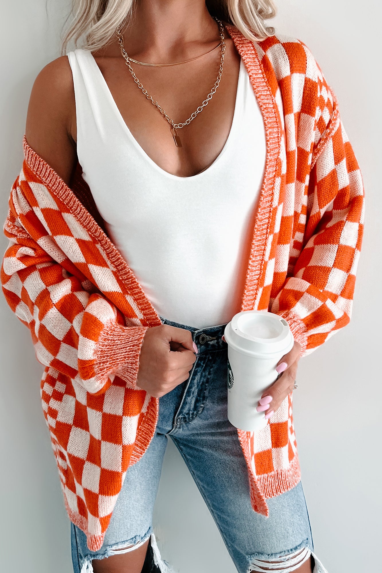 Magnetic Aura Checkered Cardigan (Orange) - NanaMacs