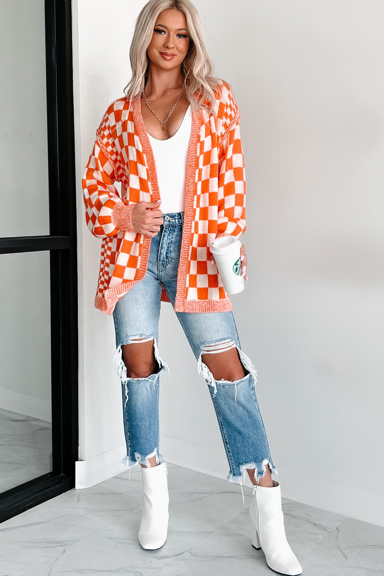 Magnetic Aura Checkered Cardigan (Orange) - NanaMacs