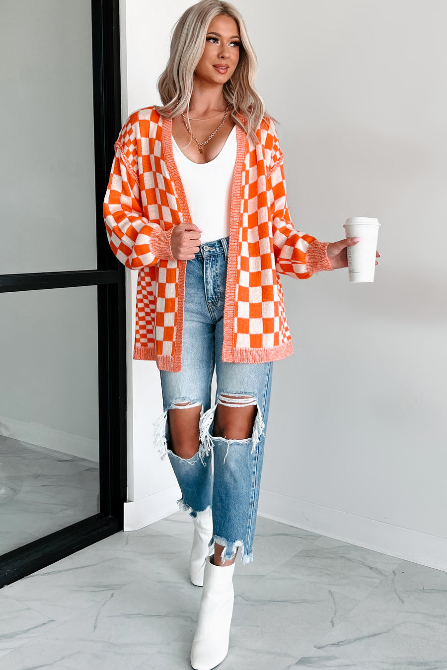 Magnetic Aura Checkered Cardigan (Orange) - NanaMacs