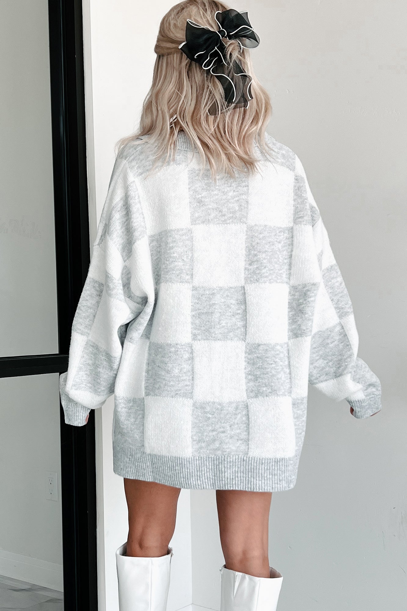 Casual Chats Oversized Checkered Sweater (Heather Grey/White) - NanaMacs