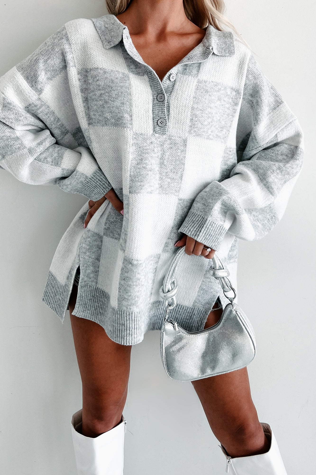 Casual Chats Oversized Checkered Sweater (Heather Grey/White) - NanaMacs