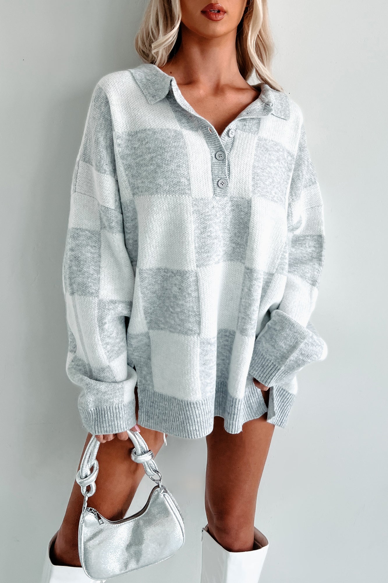 Casual Chats Oversized Checkered Sweater (Heather Grey/White) - NanaMacs