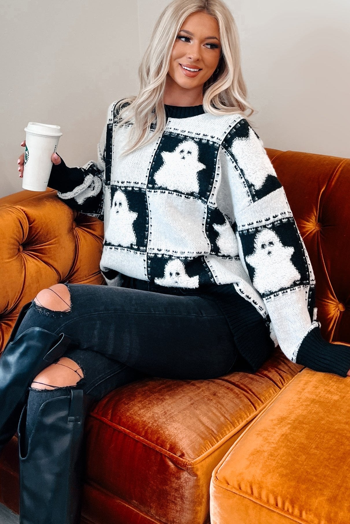 Eerie-sistable Checkered Ghost Sweater (Black/White) - NanaMacs