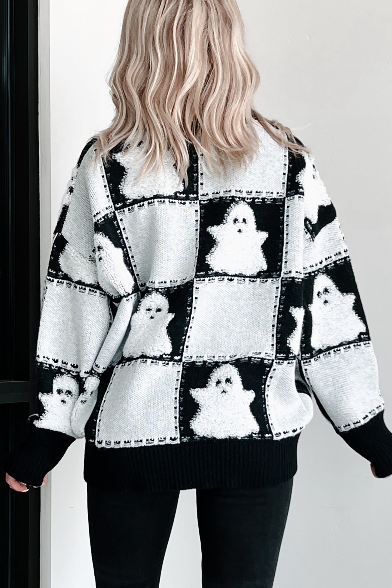 Eerie-sistable Checkered Ghost Sweater (Black/White) - NanaMacs