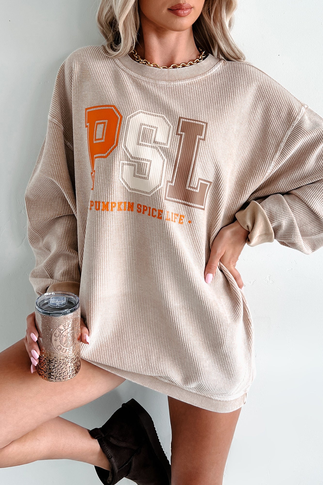 Livin' That PSL Life Corded Graphic Crewneck (Latte) - Print On Demand - NanaMacs