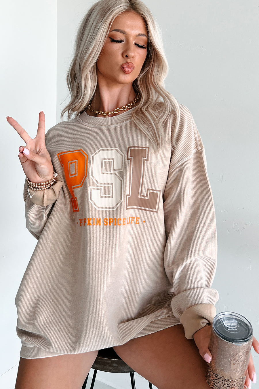 Livin' That PSL Life Corded Graphic Crewneck (Latte) - Print On Demand - NanaMacs