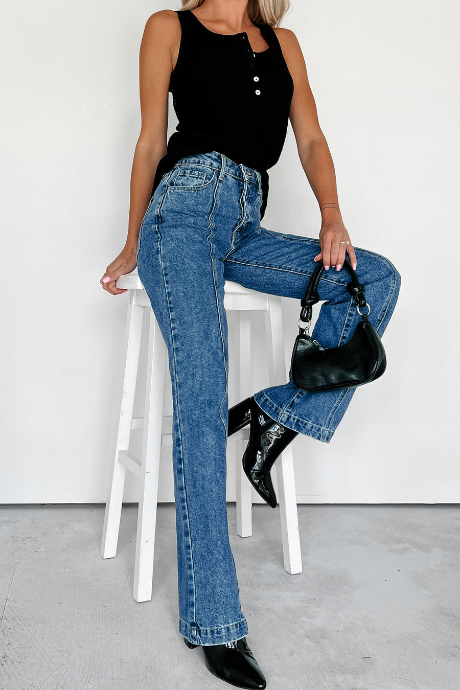 Adler High Rise Relaxed Fit 90s Flare Jeans (Dark Denim) - NanaMacs