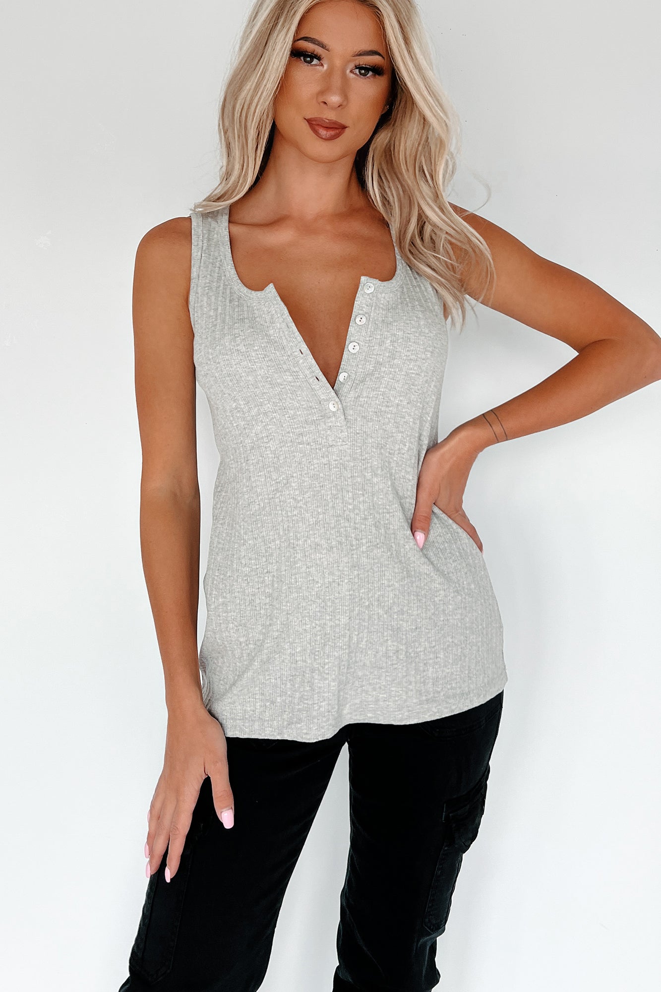 Brodie Ribbed Henley Tank Top (Heather Grey) - NanaMacs