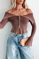 Surreal Feelings Off The Shoulder Zippered Sweater Top (Brown) - NanaMacs