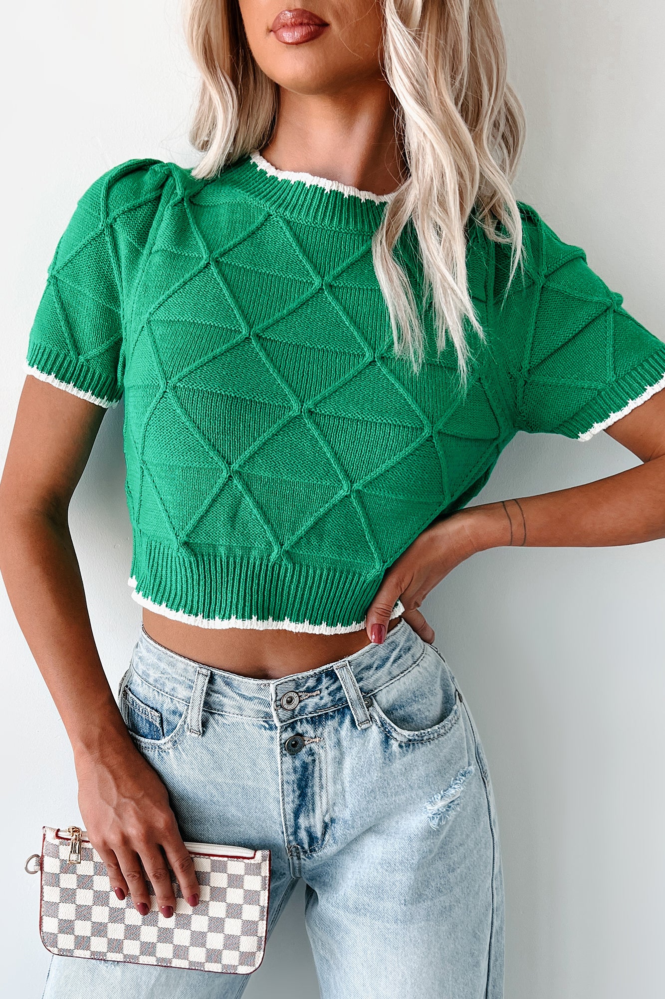 Sinead Cropped Sweater With Contrast Trim (Kelly Green) - NanaMacs