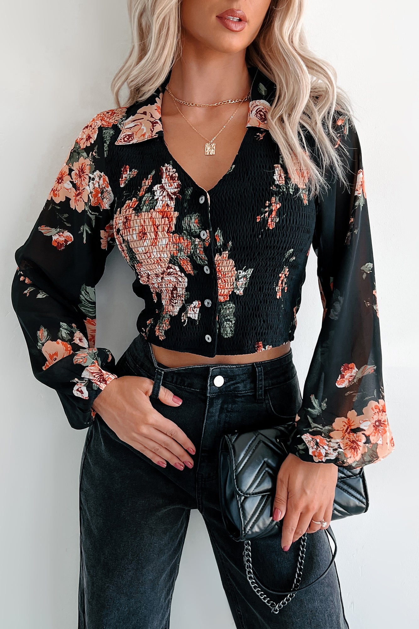 Fall Blooms Smocked Buttoned Floral Top (Black) - NanaMacs