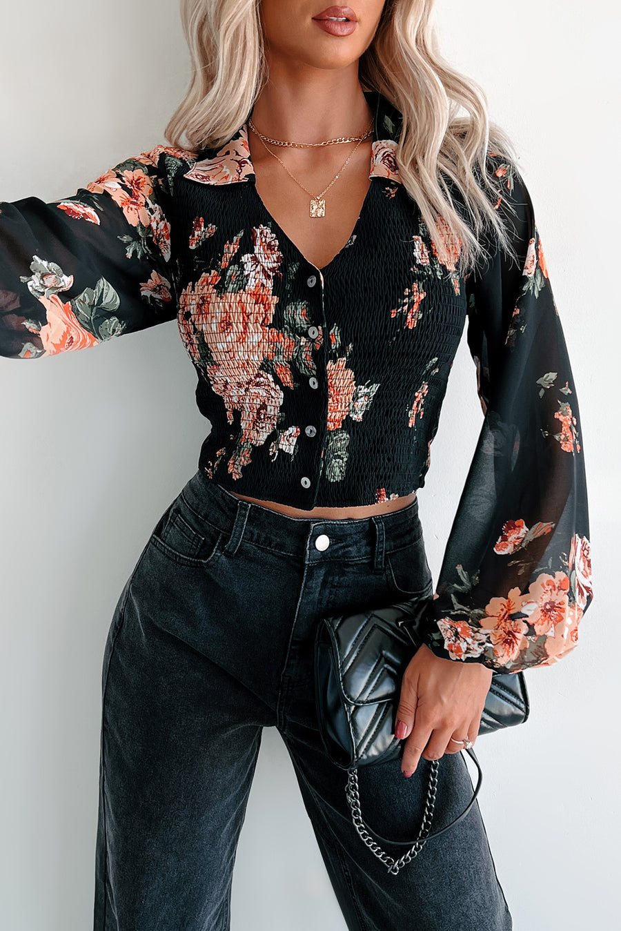 Fall Blooms Smocked Buttoned Floral Top (Black)