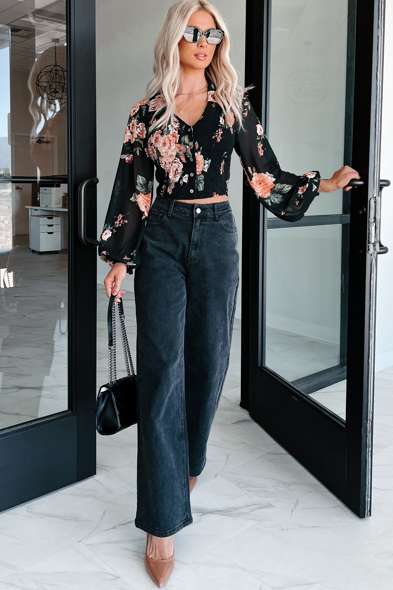 Fall Blooms Smocked Buttoned Floral Top (Black) - NanaMacs