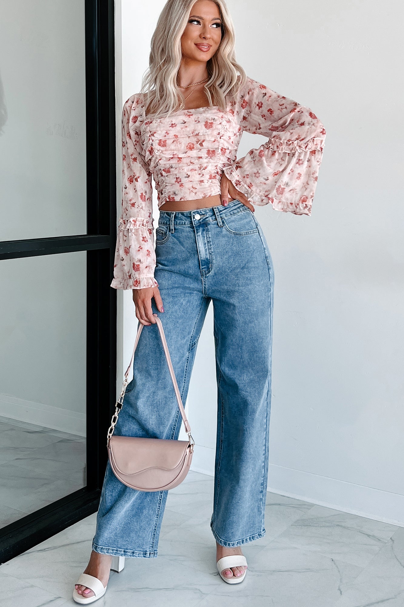 Sweetest Flower Floral Bell Sleeve Top (Blush) - NanaMacs