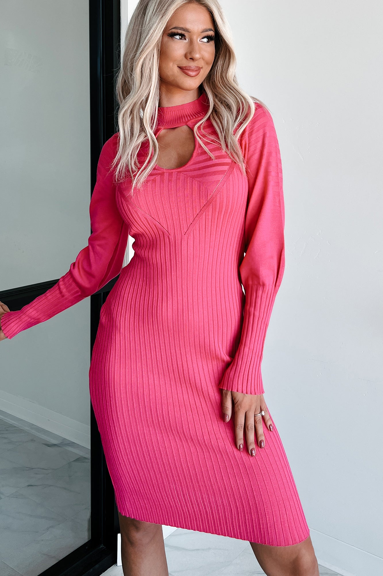 Keeping Confidences Mock Neck Keyhole Midi Dress (Pink) - NanaMacs