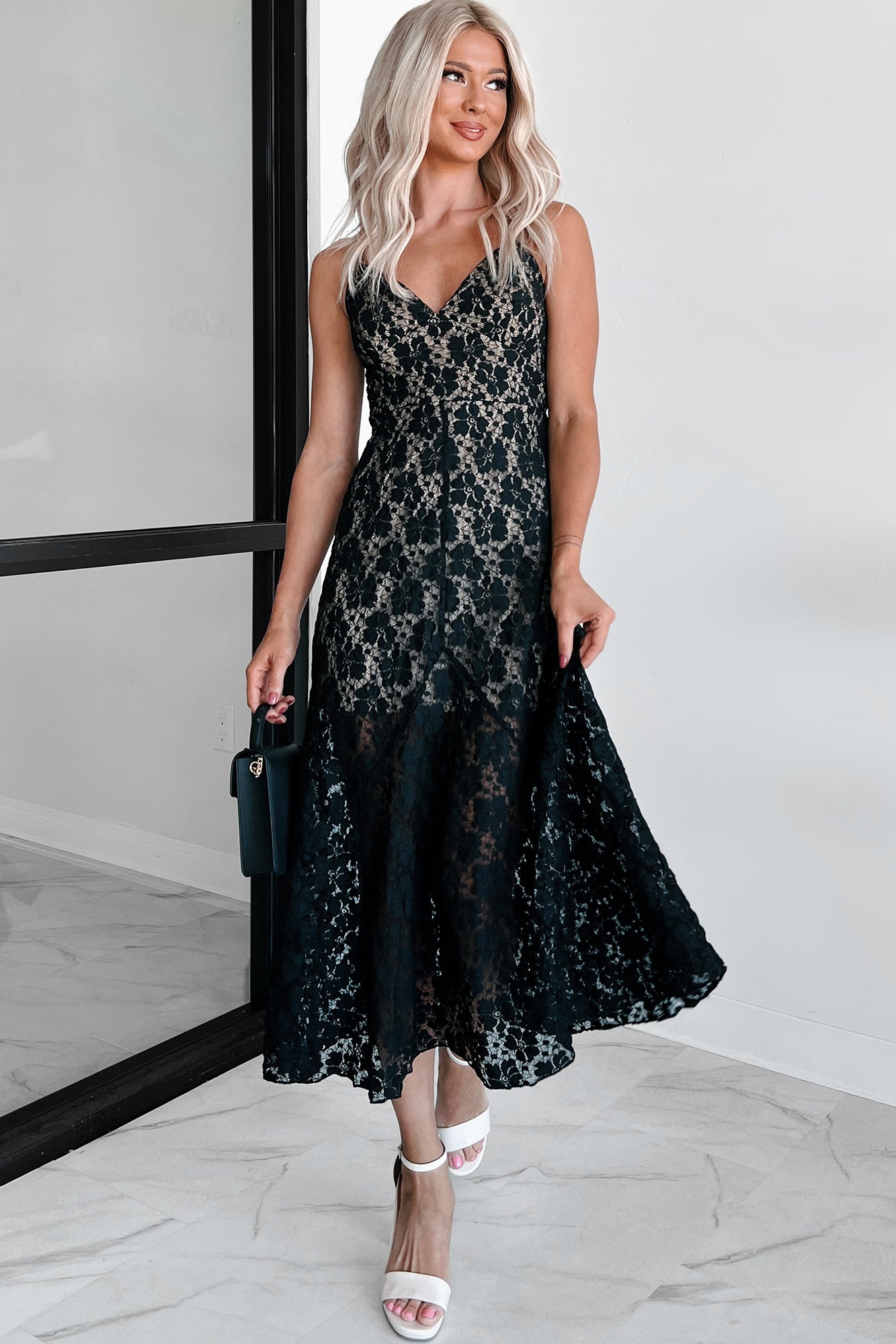 Exceedingly Elegant Lace Midi Dress (Black) - NanaMacs