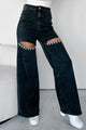 Ships by 9/20 Constant Surprise High Rise Rhinestone Slit Wide Leg Jeans (Black) - NanaMacs