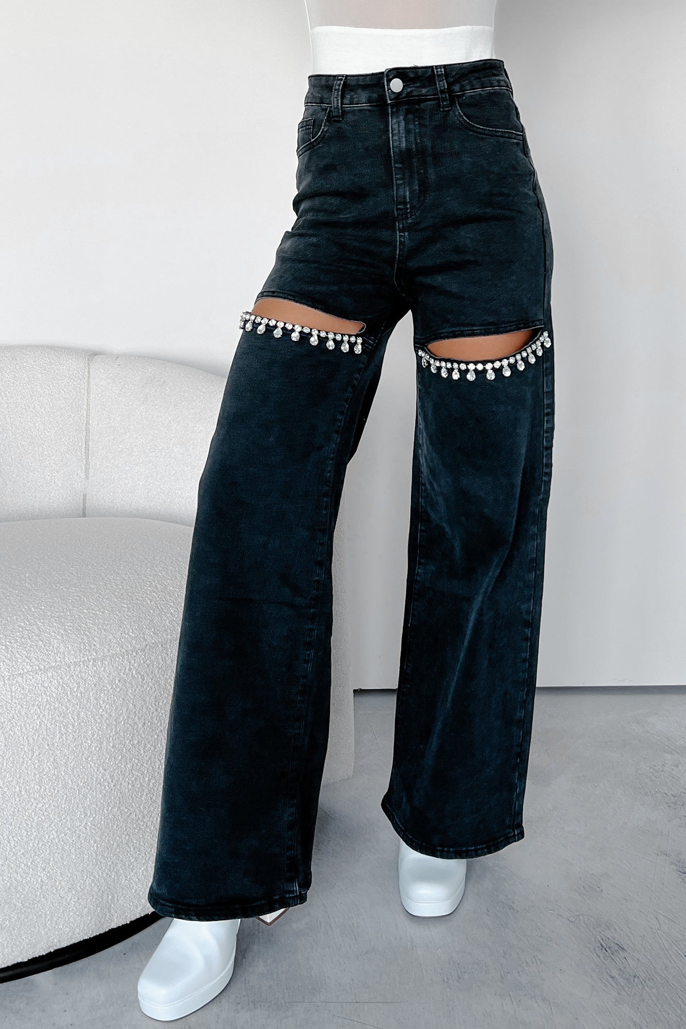 Constant Surprise High Rise Rhinestone Slit Wide Leg Jeans (Black) - NanaMacs