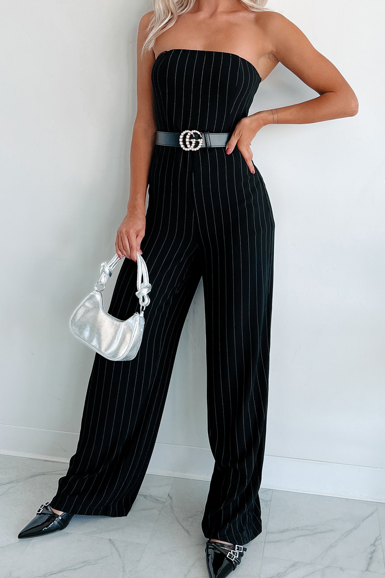 Forever Bossy Strapless Pinstripe Jumpsuit (Black) - NanaMacs