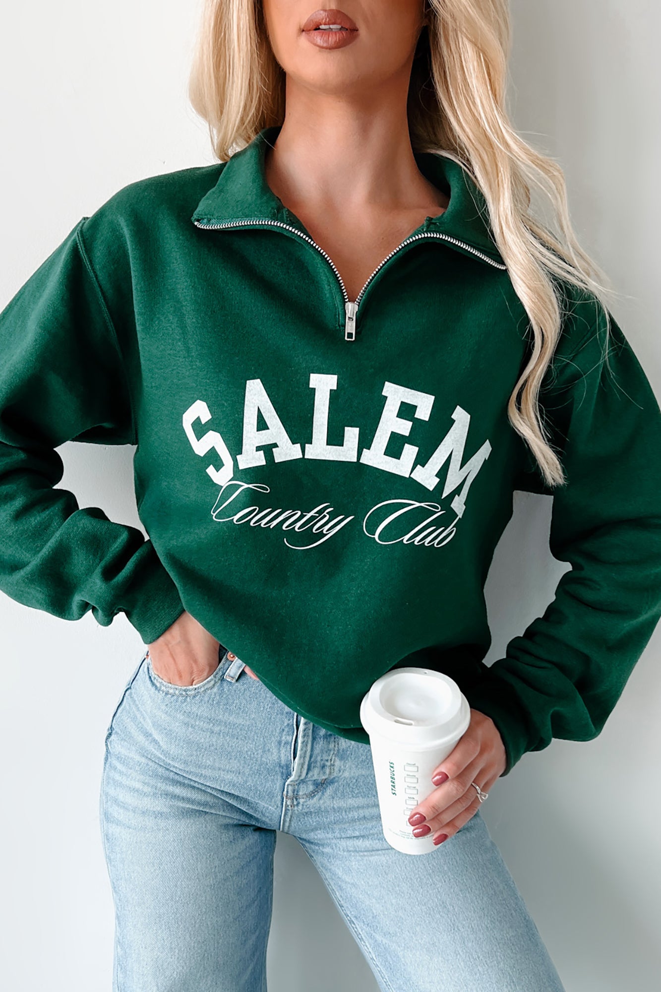 "Salem Country Club" Quarter-Zip Sweatshirt (Forest Green) - NanaMacs