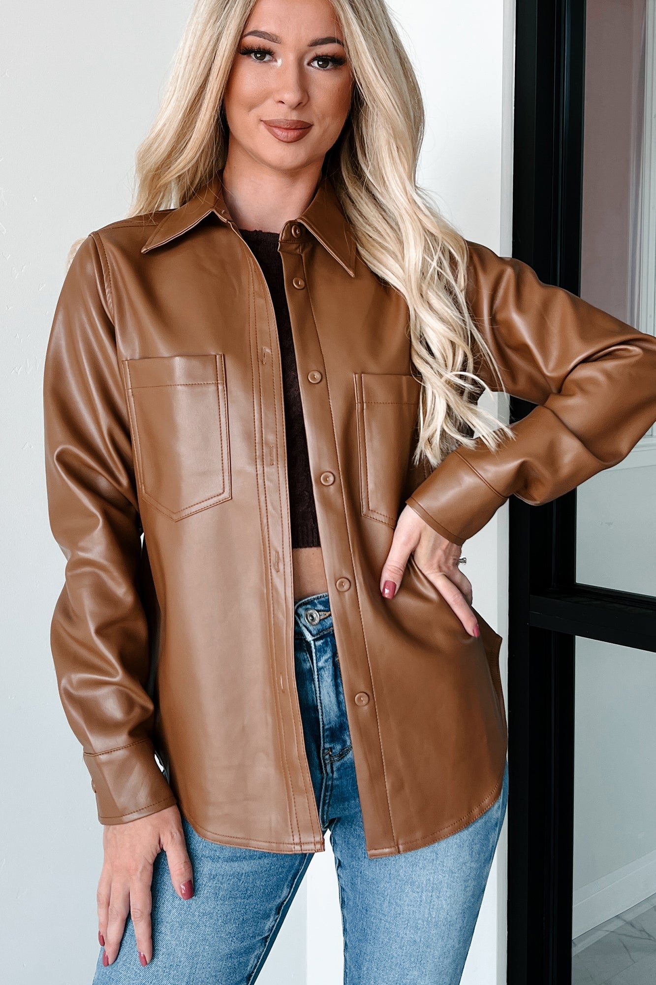 Conducting My Business Faux Leather Shacket (Brown) - NanaMacs