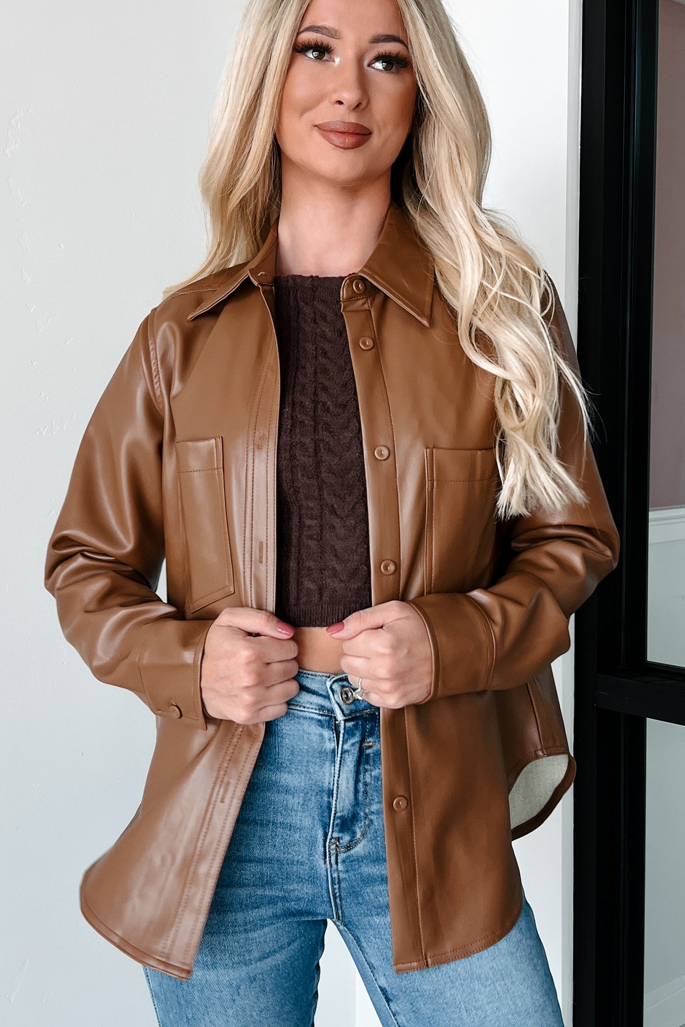 Conducting My Business Faux Leather Shacket (Brown) - NanaMacs