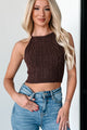 Turning Looks Cable Knit Open Back Halter Tank Top (Coffee) - NanaMacs