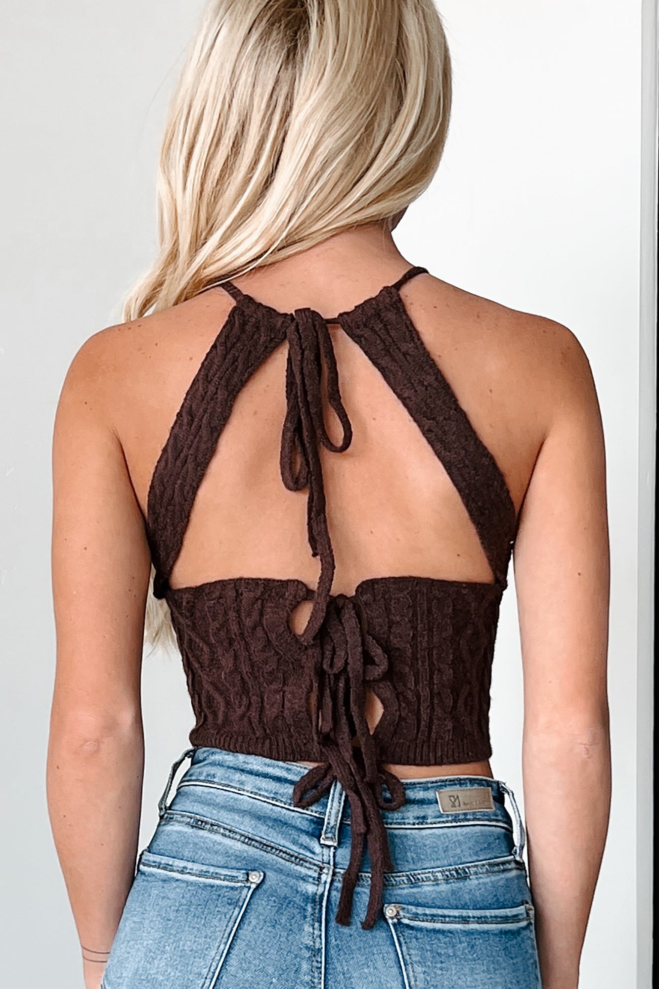 Turning Looks Cable Knit Open Back Halter Tank Top (Coffee) - NanaMacs