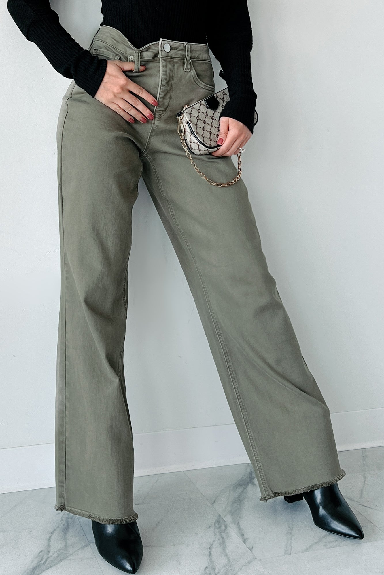 Afton Wide Leg Frayed Hem YMI Jeans (Olive) - NanaMacs